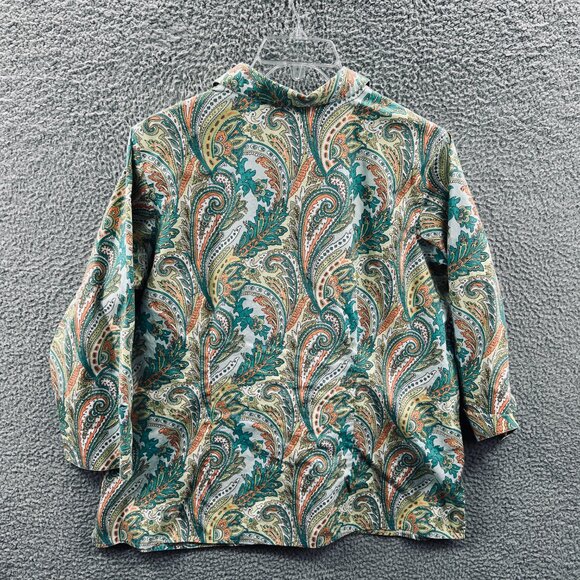 Lands End Womens Top 18W Green Yellow Paisley Button Front 3/4 Sleeve Stretch - Picture 2 of 10
